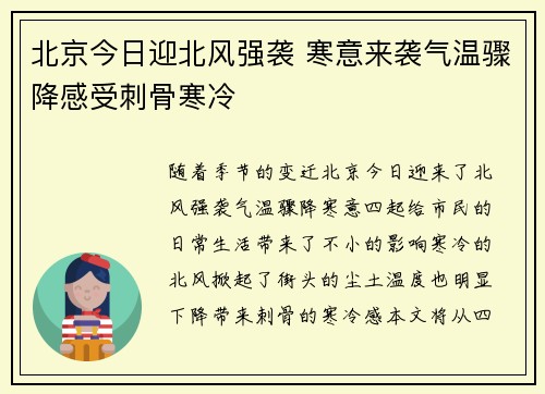 北京今日迎北风强袭 寒意来袭气温骤降感受刺骨寒冷
