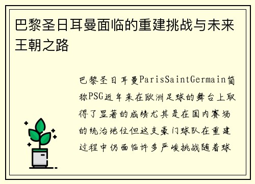 巴黎圣日耳曼面临的重建挑战与未来王朝之路