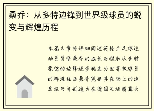 桑乔：从多特边锋到世界级球员的蜕变与辉煌历程